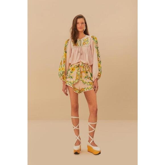 Farm Rio Pink Botanical Beauty Lenzing Ecovero Euroflax Shorts Size L Green - Picture 3 of 4